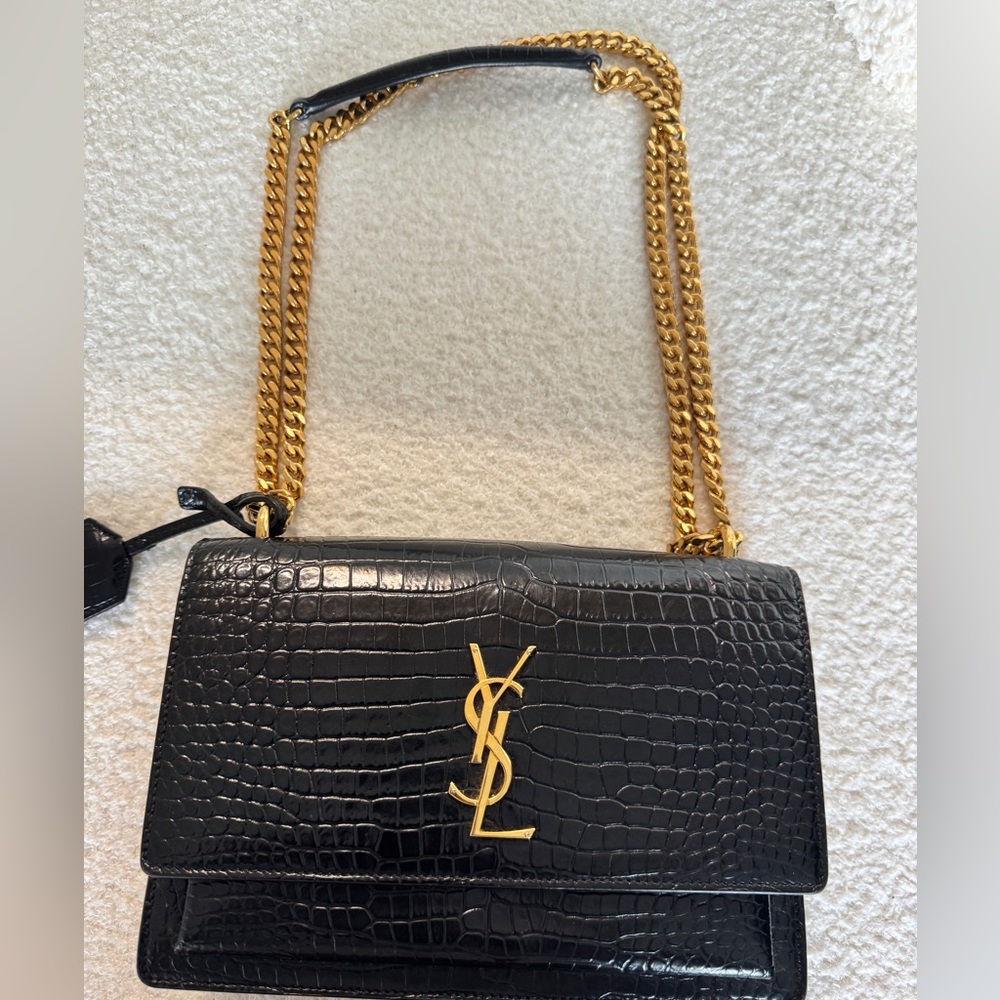 Yves Saint Laurent Black Croc-Patterned Shoulder Bag